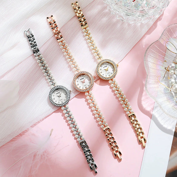 Women's Fashion Metal Alloy Stainless Steel Pearl Chain Round Dial Fritillary Pattern Watch