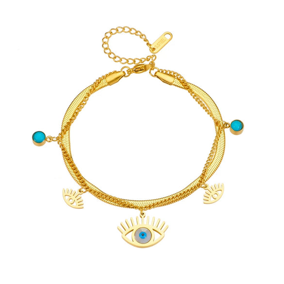 Women's Fashion Metal Bracelet With Turquoise Blue Eye Pendant Double Layer Stacked Chain Titanium Steel Electroplated