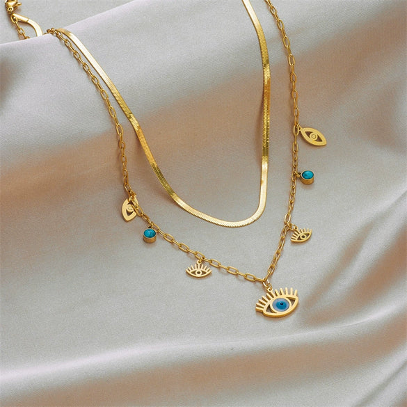 Women's Fashion Metal Bracelet With Turquoise Blue Eye Pendant Double Layer Stacked Chain Titanium Steel Electroplated