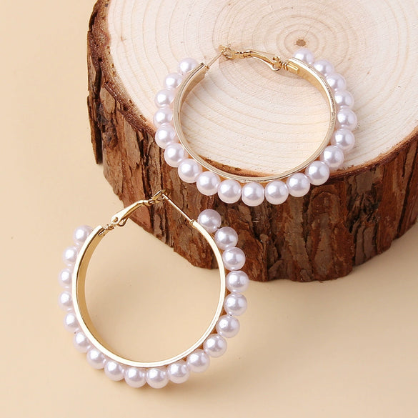 Women's Fashion Metal Pearl Geometric Ring Drop Earrings With Electroplated Finish