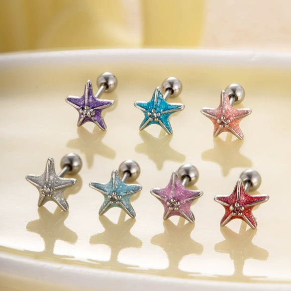 Women's Fashion Metal Starfish Flower Painted Oil Electroplated Titanium Steel Ear Nails