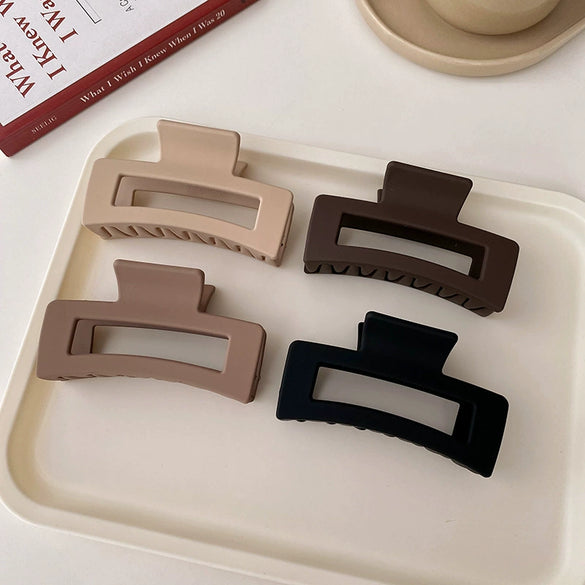 Women's Fashion Milk Curry Color Frosted Acrylic Hair Clip Geometric Hollow Rectangular Handmade Grip