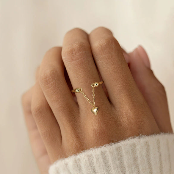 Women's Fashion Minimalist Geometric Heart Shaped S925 Sterling Silver Tassel Chain Adjustable Ring With Electroplating