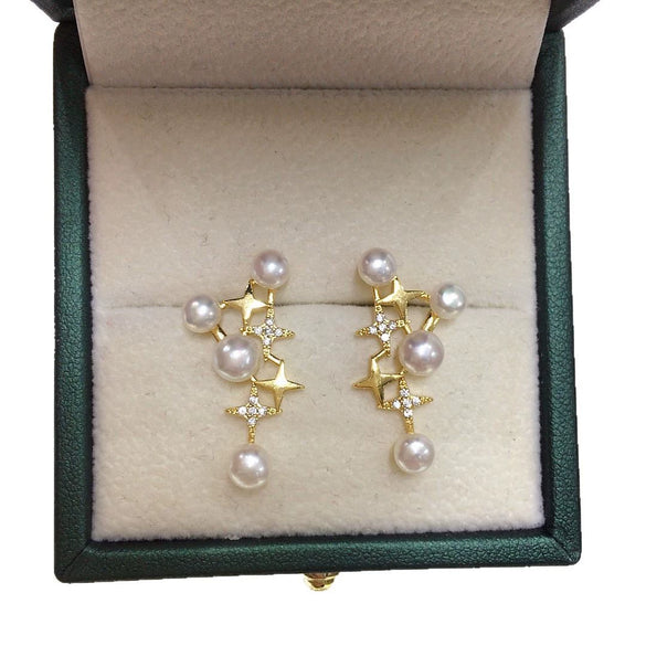Women's Fashion Natural Freshwater Pearl Earrings With Multibead And Star Design Oblate Shape Alloy Inlaid Artificial Gemstone And Semiprecious Stone