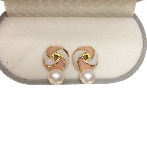 Women's Fashion Natural Freshwater Pearl Round Oblate Pink Windmill Earrings 18K Gold