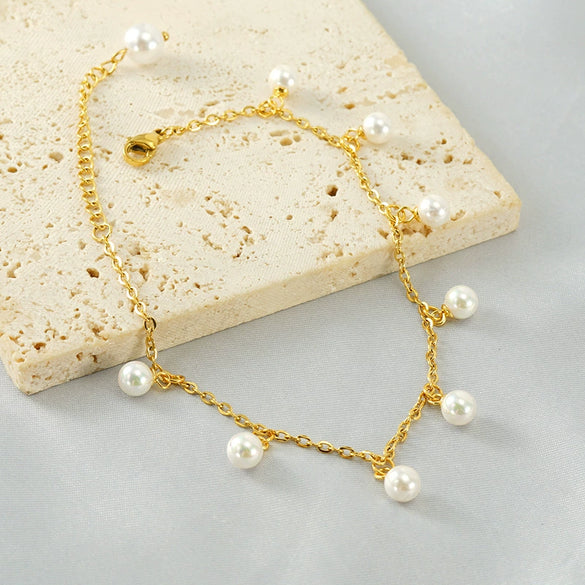 Women's Fashion Pearl Tassel Titanium Steel Anklet Jewelry With Geometric Design