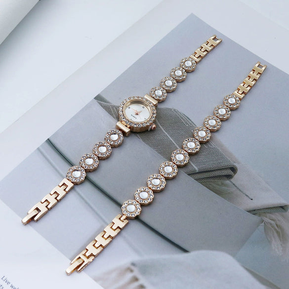 Women's Fashion Quartz Bracelet Watch Set Chalcedony Diamond Alloy Round Dial