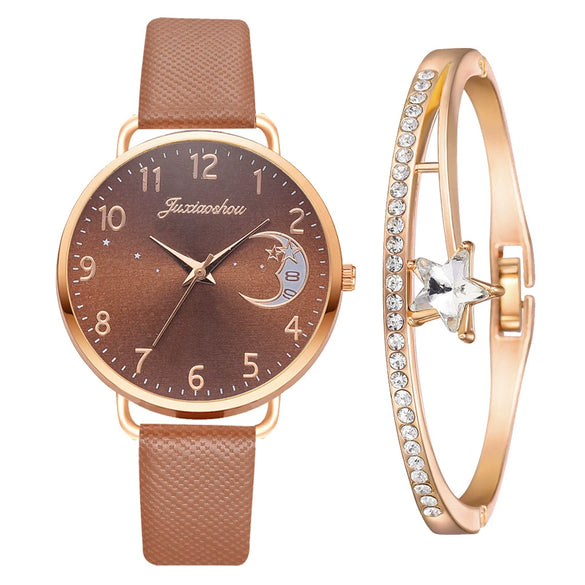 Women's Fashion Quartz Watch Set With Round Dial Alloy Case Textile Strap And Glass Mirror