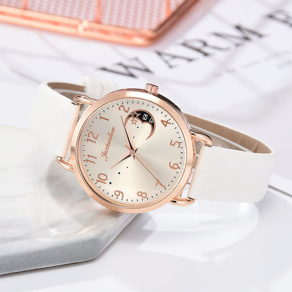 Women's Fashion Quartz Watch Set With Round Dial Alloy Case Textile Strap And Glass Mirror