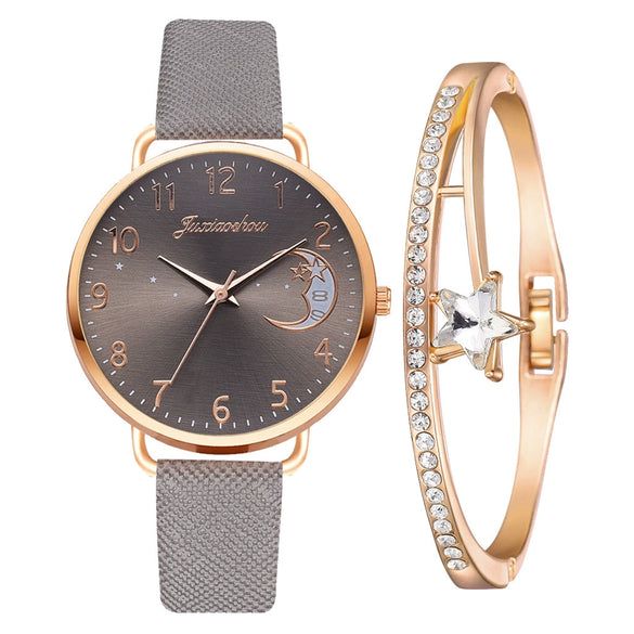Women's Fashion Quartz Watch Set With Round Dial Alloy Case Textile Strap And Glass Mirror