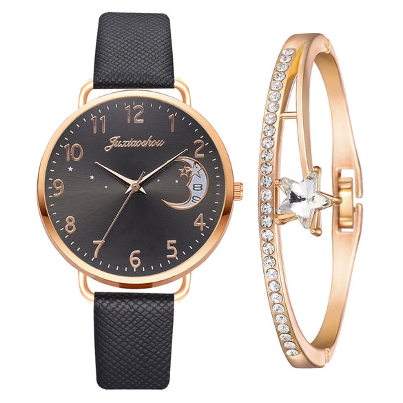 Women's Fashion Quartz Watch Set With Round Dial Alloy Case Textile Strap And Glass Mirror