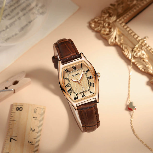 Women's Fashion Quartz Watch With Small Square And Barrel Shaped Dial Metal Case Imitation Leather Strap Mineral Strengthened Glass Mirror Stainless Steel Clasp