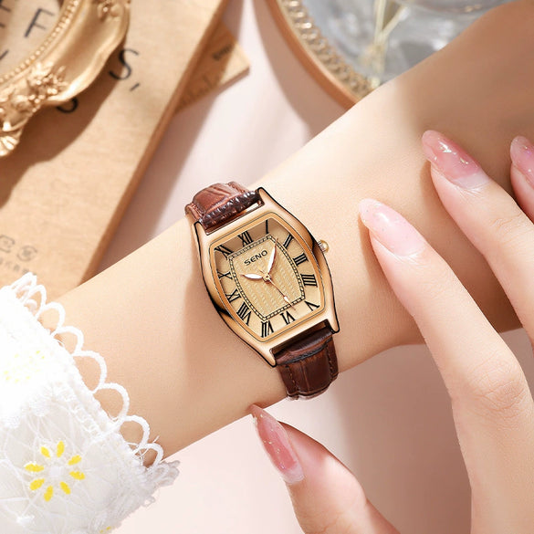 Women's Fashion Quartz Watch With Small Square And Barrel Shaped Dial Metal Case Imitation Leather Strap Mineral Strengthened Glass Mirror Stainless Steel Clasp