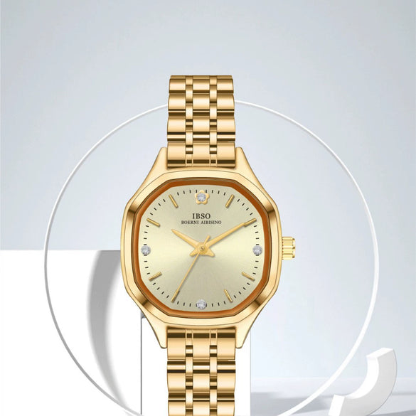 Women's Fashion Quartz Wrist Watch With Rhinestone Polygon And Square Dial Metal Case Stainless Steel Belt Waterproof