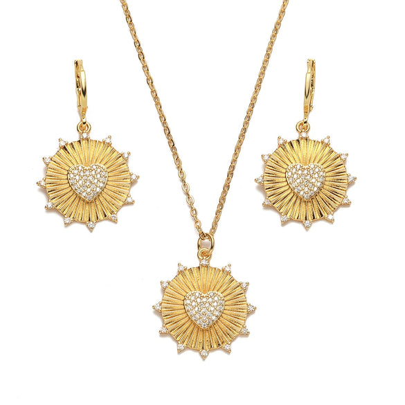 Women's Fashion Retro Copper Micropaved Sunflower Heart Round Pendant Necklace Earrings Set