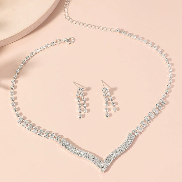 Women's Fashion Rhinestone Tassel Jewelry Set Simple Elegant Geometric Necklace And Earrings With Water Wave Chain