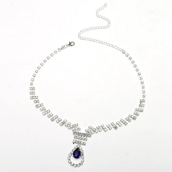 Women's Fashion Rhinestone Water Drop Pendant Necklace And Earrings Set With Water Wave Chain Elegant Claw Set Jewelry
