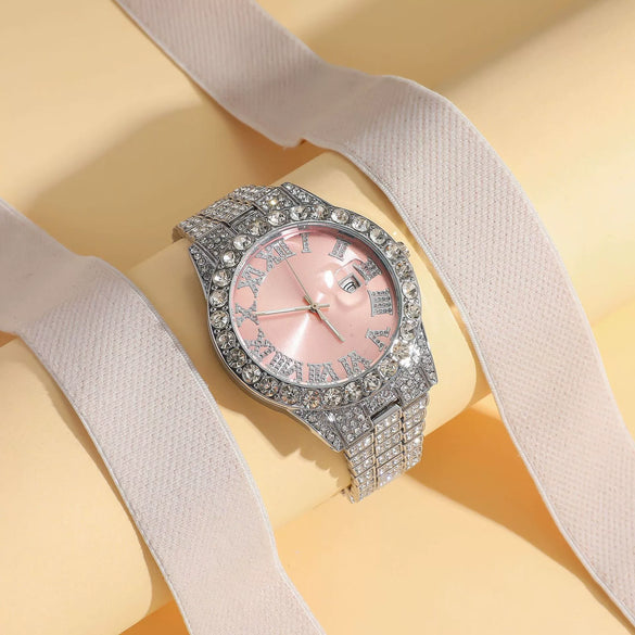 Women's Fashion Roman Diamondencrusted Watch With Calendar Alloy Case And Strap Round Dial