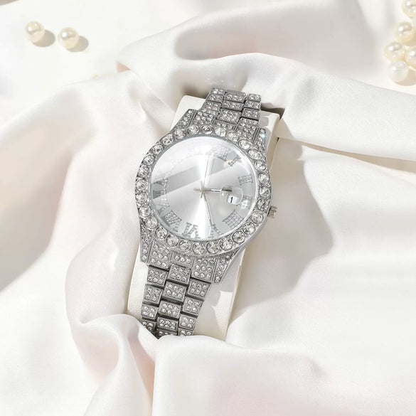 Women's Fashion Roman Diamondencrusted Watch With Calendar Alloy Case And Strap Round Dial