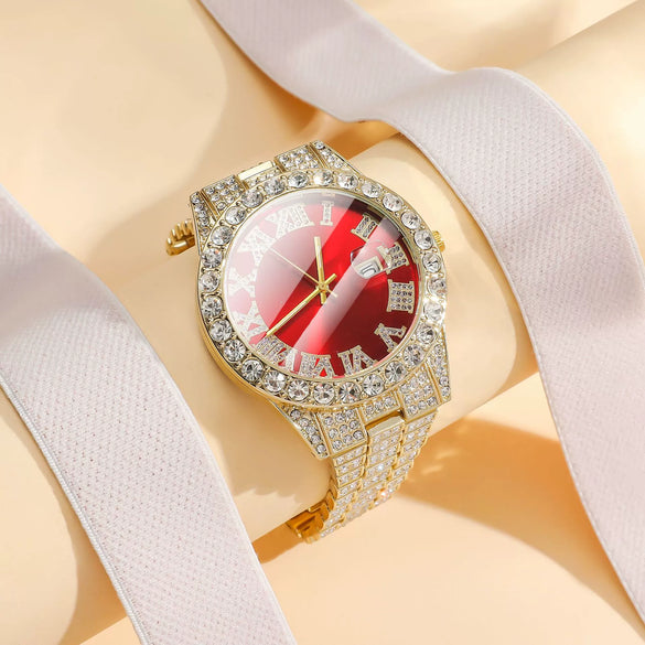 Women's Fashion Roman Diamondencrusted Watch With Calendar Alloy Case And Strap Round Dial