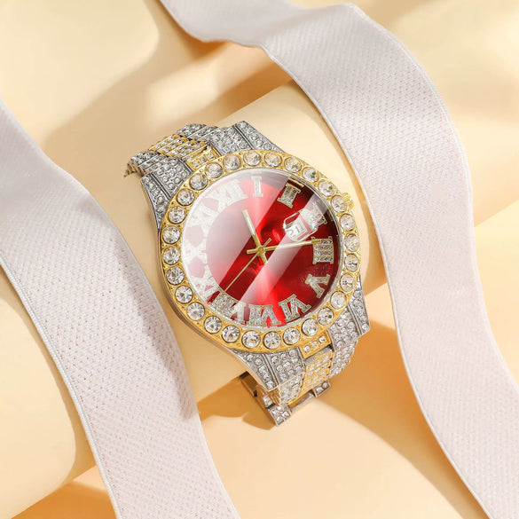 Women's Fashion Roman Diamondencrusted Watch With Calendar Alloy Case And Strap Round Dial