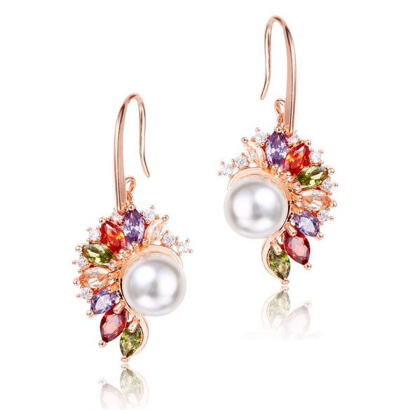 Women's Fashion Rose Gold Plated Copper Star Earrings With Colorful Zircon And Pearl Electroplated Statement Jewelry