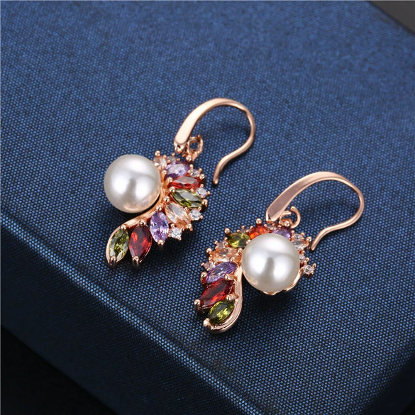 Women's Fashion Rose Gold Plated Copper Star Earrings With Colorful Zircon And Pearl Electroplated Statement Jewelry
