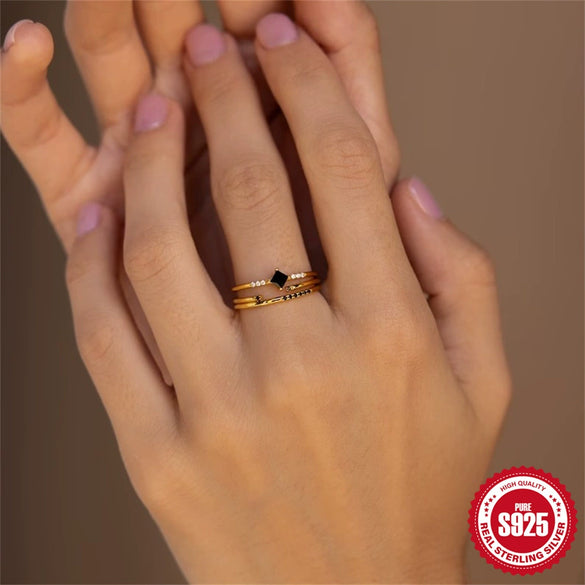 Women's Fashion S925 Sterling Silver Geometric Zircon Stacked Ring With Real Gold Electroplating Dark Threepiece Suit