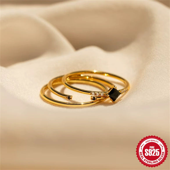 Women's Fashion S925 Sterling Silver Geometric Zircon Stacked Ring With Real Gold Electroplating Dark Threepiece Suit