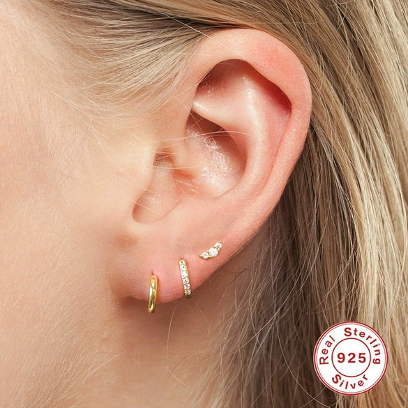 Women's Fashion S925 Sterling Silver Mini Moon Thread Piercing Ear Studs With Flower Design And Electroplating