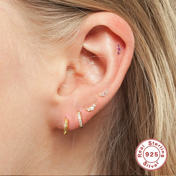 Women's Fashion S925 Sterling Silver Mini Moon Thread Piercing Ear Studs With Flower Design And Electroplating