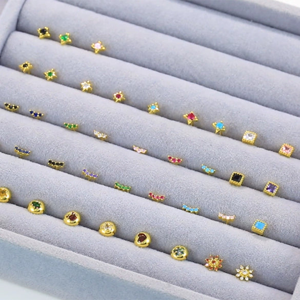 Women's Fashion S925 Sterling Silver Mini Moon Thread Piercing Ear Studs With Flower Design And Electroplating