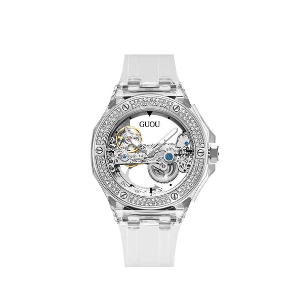 Women's Fashion Simple Alloy Case Mineral Reinforced Glass Mirror Silicone Strap Round Dial Mechanical Watch With Rhinestones And Waterproof Function