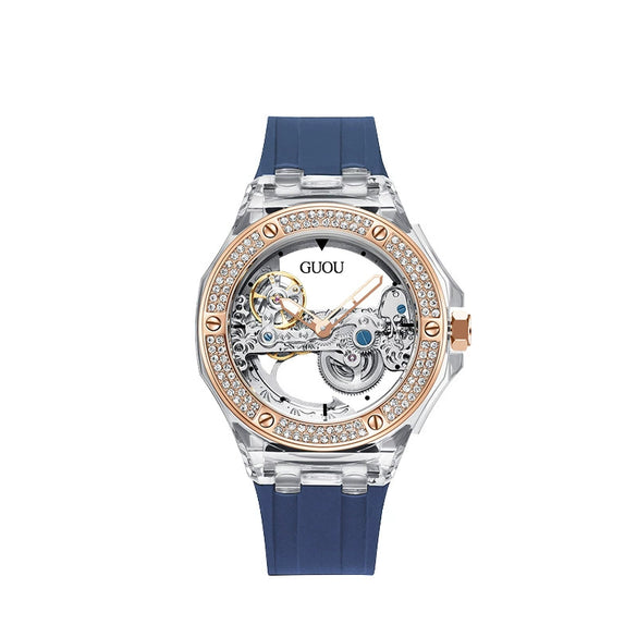 Women's Fashion Simple Alloy Case Mineral Reinforced Glass Mirror Silicone Strap Round Dial Mechanical Watch With Rhinestones And Waterproof Function