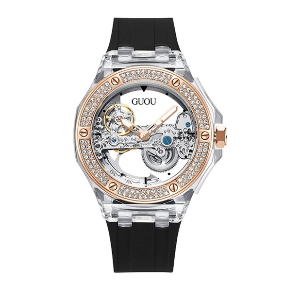 Women's Fashion Simple Alloy Case Mineral Reinforced Glass Mirror Silicone Strap Round Dial Mechanical Watch With Rhinestones And Waterproof Function