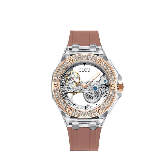 Women's Fashion Simple Alloy Case Mineral Reinforced Glass Mirror Silicone Strap Round Dial Mechanical Watch With Rhinestones And Waterproof Function