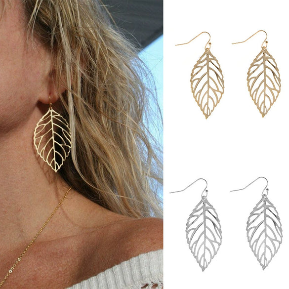 Women's Fashion Simple Alloy Leaf Earrings Geometric Forest Style Electroplated Metal Dangle Earrings
