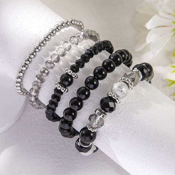 Women's Fashion Simple Crystal Beaded Stretch And Pearl Multi Layer Stacked Geometric Bracelet 5 Piece Set