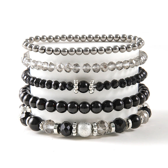 Women's Fashion Simple Crystal Beaded Stretch And Pearl Multi Layer Stacked Geometric Bracelet 5 Piece Set