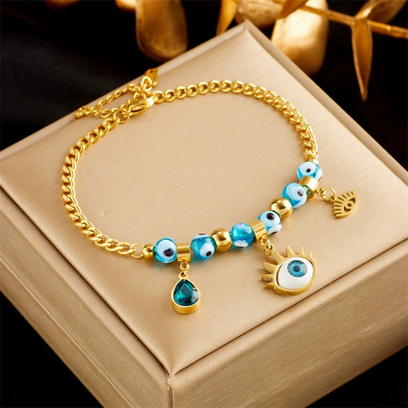 Women's Fashion Simple Highgrade Multilayer Stacked Titanium Steel Round Pendant Eye Butterfly Diamondembedded Electroplated Bracelet