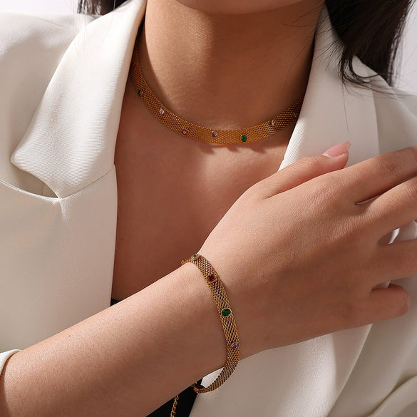 Women's Fashion Simple Irregular Zircon 316L Stainless Steel And 316L Stainless Steel Necklace And Bracelet With Electroplating