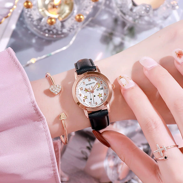 Women's Fashion Simple Luminous Double Calendar Waterproof Quartz Watch Alloy Case Imitation Leather Strap Stainless Steel Clasp Round Dial