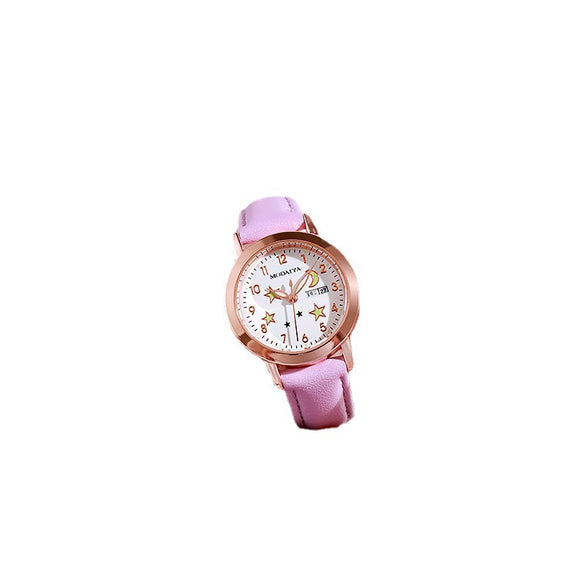 Women's Fashion Simple Luminous Double Calendar Waterproof Quartz Watch Alloy Case Imitation Leather Strap Stainless Steel Clasp Round Dial