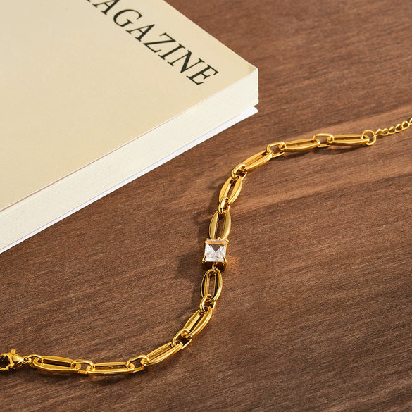 Women's Fashion Square Geometric Zircon Inlaid Stainless Steel Bracelet With 18K Gold Vacuum Plating