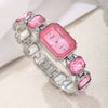 Women's Fashion Square Quartz Watch With Rhinestones Alloy Bracelet Stainless Steel Case And Buckle Pu Strap
