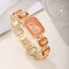 Women's Fashion Square Quartz Watch With Rhinestones Alloy Bracelet Stainless Steel Case And Buckle Pu Strap