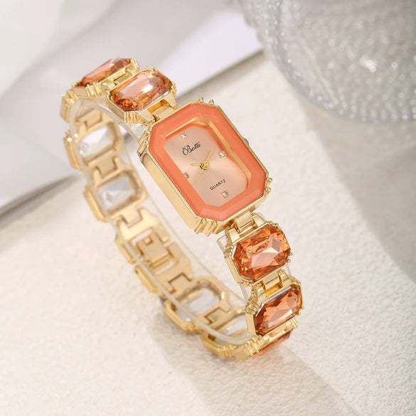 Women's Fashion Square Quartz Watch With Rhinestones Alloy Bracelet Stainless Steel Case And Buckle Pu Strap