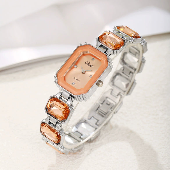 Women's Fashion Square Quartz Watch With Rhinestones Alloy Bracelet Stainless Steel Case And Buckle Pu Strap