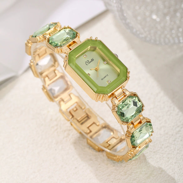 Women's Fashion Square Quartz Watch With Rhinestones Alloy Bracelet Stainless Steel Case And Buckle Pu Strap