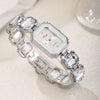 Women's Fashion Square Quartz Watch With Rhinestones Alloy Bracelet Stainless Steel Case And Buckle Pu Strap